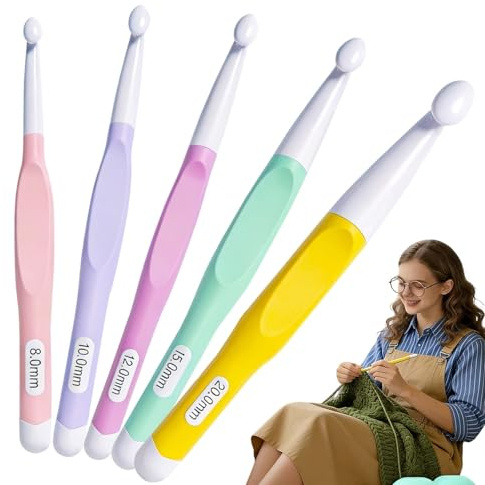 Ensemble de 5 Crochets, Crochets de Grande Taille 8 mm, 10 mm, 12 mm, 15 mm, 20 mm Tricot Épais Aiguille Ergonomique en Plastique pour Débutants et Arthrite Projets de Tapis et Laine Épaisse