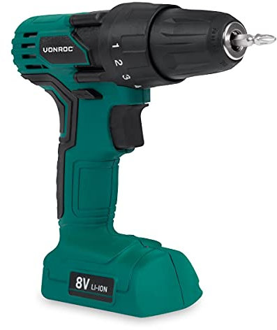 VONROC Batteridriven borrmaskin 8V - LED lampa - justerbara hastighetsinställningar - Inkl. laddare och 50mm dubbel skruvbits