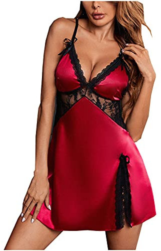AMhomely Women Satin Nightdress Satin Silk Nightdress Negligee V-neck Sexy Short Nightgown Spaghetti Strap Chemise Sexy Silky Slip Lace Trim Chemise Robe Pajama Nightie Dress