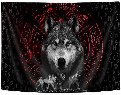 Lacoiime Wikinger Wolf Tapisserie – nordische rote Runen Wandbehang für Schlafzimmer – cooles Tierposter Dekor (W60 x H40)