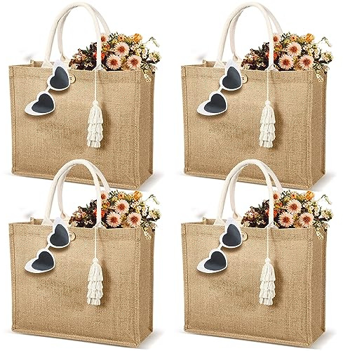 Woanger 4 Pack Burlap Tote Bags for Women Bridesmaid Jute Gift Bag with Handles and Tassels Reusable Grocery Bags for Wedding (14.2 x 11.8 x 5.9 Inch)