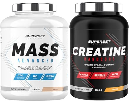 Superset Nutrition | Programme Prise De Masse Avancé - Mass Advanced 2,5kg Cookies - Créatine Hardcore 1,5 kg Orange | Augmente la prise de masse et intensifie la force et le volume
