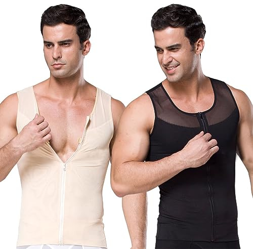 Moollyfox 2 st slim body shaper kompressionsskjorta, tröja vinnare bantning underkläder, gynekomasti skjorta väst för att dölja slimmande moobs bröst platta ut buken, Svart + beige, XXL