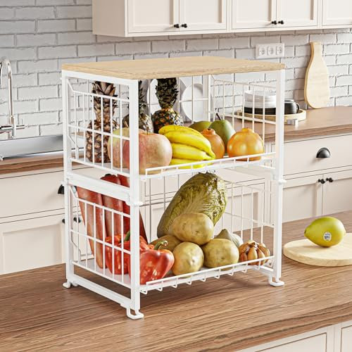 UMDONX Vegetable Storage Rack Kitchen Fruit Basket 3 Tier, Pantry Countertop Wire Organiser for Spice Veg Onion Potato Snack(Durable Metal White Max 60kg Load)
