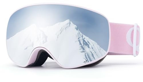 Qunature Skibrille Snowboardbrille Mädchen/Jungen UV-Schutz Ski Brille Anti-fog Helmkompatible Sphärische Verspiegelte Schneebrille für Jugendliche Skifahren, Snowboarden Rosa
