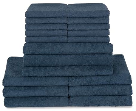 ZOLLNER 19tlg. Handtuch Set aus 10x Gästehandtücher (ca. 30x50 cm), 6X Handtücher (ca. 50x100 cm), 3X Duschtücher (ca. 70x140 cm), weich und saugstark, waschbar bis 60°C, Baumwolle, blau