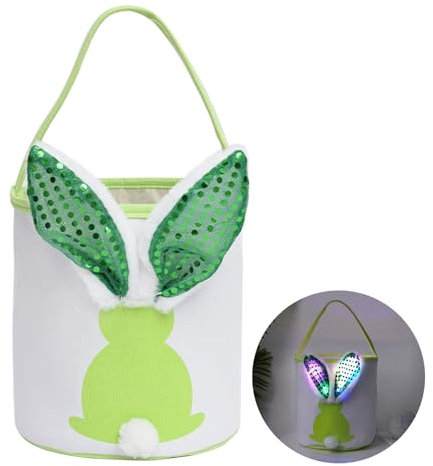 Bolsas De Conejitos De Pascua, Canasta Con Conejito De Pascua, Conejos De Pascua Decoracion Con Led Luz, Adornos De Pascua, Cesta Para Huevos De Peluche Decorativo Con Orejas Manejar (verde)