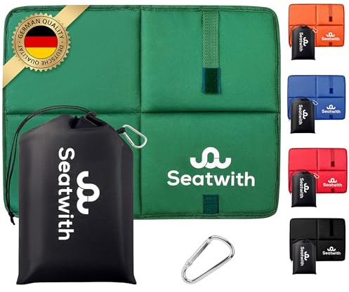 Seatwith® Cuscino in memory foam per esterni, calore e comfort estremo, con cuscino per esterni, resistente alle intemperie (45 x 35 cm), pieghevole, per campeggio, stadio ed escursioni (Verde)