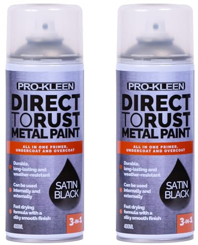 Pro-Kleen Direct to Rust Metal Paint 2 x 400ml - For Use on Metal, Wood, Furniture, Rust, Outdoor & Indoor Surfaces - 3-in-1 Primer, Undercoat & Topcoat - Black Satin Finish