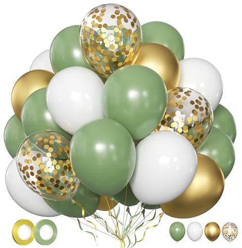 Luftballons Grün Gold Weiß 50 Stk 12 zoll Luftballons Eukalyptus Salbeigrün Weisse Gold Metallic Ballons Konfetti Ballons für Erwachsene Geburtstag Hochzeit Ruhestandsparty Deko