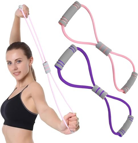 2 Pcs 8-Shaped Resistance Bands with Handles, Exercise Bands for Arm Back Shoulder Stretch, Rope 8 Stretch Yoga Fitness Band for Women and Men Muscle Training (Pink+Purple, 25+38lbs)