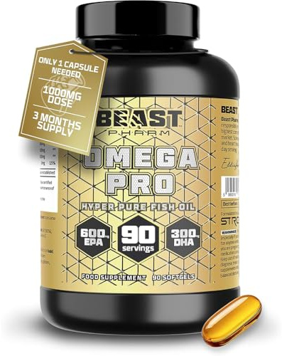Beast Pharm Omega 3 Capsules High Strength 1000mg per Capsule - 90 Softgels, 3 Month Supply - Omega 3 Fish Oil Triple Strength Supplements 600mg EPA, 300mg DHA