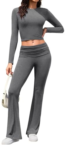 Yuson Girl Chandal Mujer Conjunto Deportivo 2 Piezas Manga Larga con Cintura Elástica Pantalones Conjunto Dos Piezas Primavera Otoño Chándal de Salón Fitness Jogging Ropa(Gris oscuro, M)