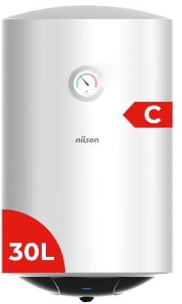 Nilson Termo Eléctrico Vertical 30 Litros NT3000. Instalación Vertical, 1500W, Incluye Kit de Montaje, Resistencia de Acero inoxidable, Blanco, Eficiencia Energética Clase C