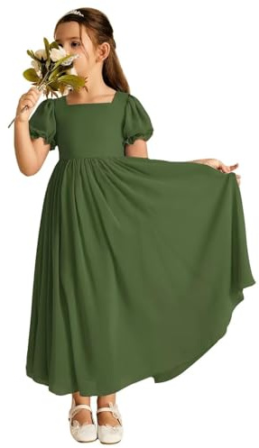 LECOYOYO Vestido de gasa para niña de flores para boda, largo, para dama de honor, para niñas con mangas, vestido formal para adolescentes, verde oliva, 12 años