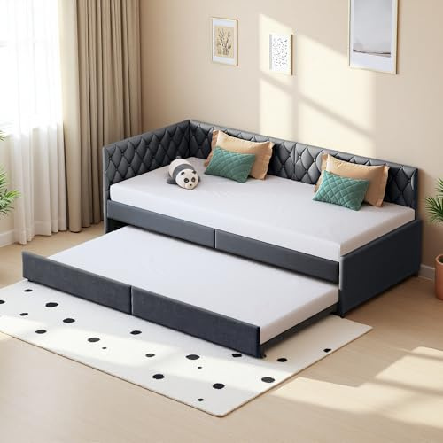 Sofá cama 90/180 x 200 cm, cama nido, sofá de 2 plazas con función de dormir, sofá cama extensible a doble, cama funcional, cama de invitados plegable con somier, tela de terciopelo, gris (c), 90 x