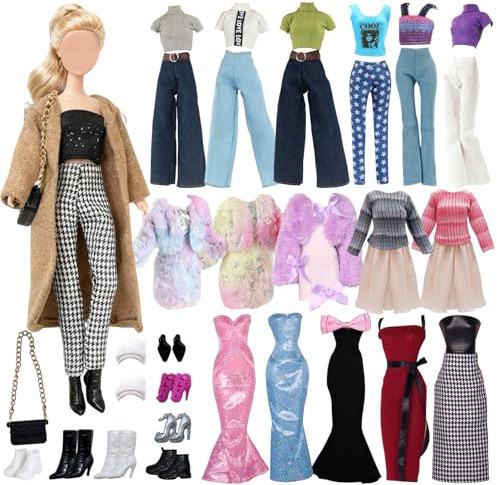 21 Stück Puppen Kleidung Set für 11.5 Zoll Puppe, Mantel mit Hahnentritt Hose, Plüschkleid, Strickkleid, Mermaid Kleid mit Schleife, 6 Paar Schuhe + Tasche, Geschenk für Mädchen