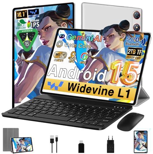 Tablet 10 Pulgadas Android Gemini AI con 64GB ROM + 2TB TF, Octa-Core2.0GHz, 5G WiFi, Widevine L1, GMS, Bluetooth 5.0, 5MP + 8MP, 3.5mm Audio, 1280 * 800 FHD IPS, Tablet con Teclado y Ratón, Plateado