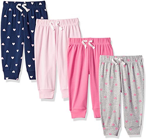 Amazon Essentials Pantalon à Enfiler en Coton Bébé Fille, Lot de 4, Bleu Marine/Gris Cœurs/Rose/Rose Clair, 6-9 Mois