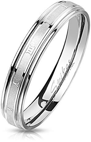 Paula & Fritz® Bague en acier inoxydable argenté - 5 mm - Chiffres romains fins sablés - Pour homme et femme - Bague de fiançailles - Bague d'amitié - Bague de couple - 47 (15) - 72 (22,9), Acier