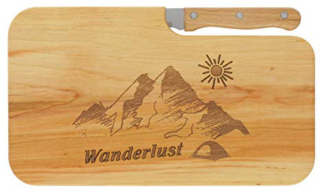 LASERHELD | Brotzeitbrett Holz mit Gravur “Wanderlust” & Messer | 26 x 15 cm | Frühstücksbrettchen Holz Schneidebrett Jausenbrett | Geschenk für Wanderer und Bergfreunde zum Vatertag