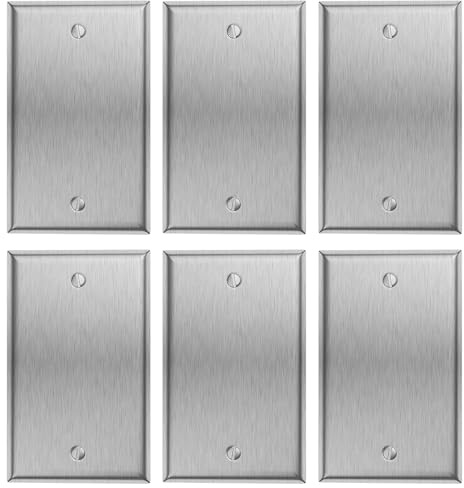 MLLIZH 6-Pack Metal Blank Wall Plate Cover 1-Gang Stainless Steel Blank Outlet Covers, Brushed Finish, Silver