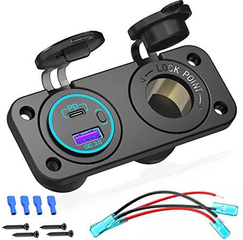 [Upgraded Version] 12V Cigarette Lighter Socket, Quick Charge 3.0 & PD 3.0 USB Charger Power Outlet with Button Switch, Waterproof 12 Volt Adapter for Car Motorcycle Boat Marine RV Golf Cart etc.
