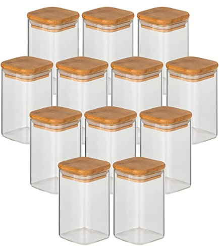 gouveo Lot de 12 bocaux à provisions 250 ML en Verre borosilicaté carré avec Couvercle - Bocal de Conservation à remplir - récipients en Verre, boîtes en Verre, boîte à provisions