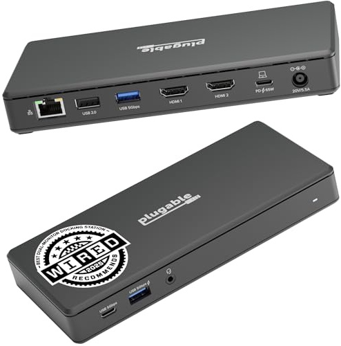 Plugable USB-C Docking Station Dual 4K 60Hz HDMI, 65W Charging, Gigabit Ethernet, 1x USB-C 5Gbps, 3x USB-A, Audio, Windows/ChromeOS, USB-C/USB4/Thunderbolt, Driverless (UD-MSTH2)