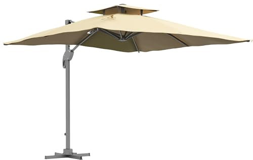 Outsunny Parasol déporté 3 m carré avec mécanisme hydraulique parasol de jardin rotatif à 360° 8 baleines toit à double base croisée mât en aluminium beige