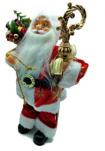 AC - Figura de Papa Noel con Bolsa de Regalo y bastón Dorado - Fabricado en Poliéster y Plástico - Artículo Decorativo para Navidad - 30 x 19 x 11 cm
