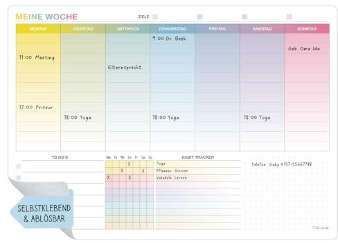 TOBJA Whiteboard Wochenplaner abwischbar A4 Selbstklebender Planer 30 x 21 cm | Kalender mit To-Do Liste & Habit Tracker | Wiederverwendbarer Wochenplaner für Wand & Kühlschrank (Planer Bunt)