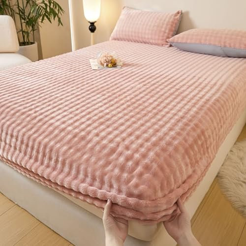 Homxi Colcha de Verano Ajustable Cama,90 x 200 CM,Ropa Cama King Terciopelo Color Sólido Sabanas Ajustable Rosa