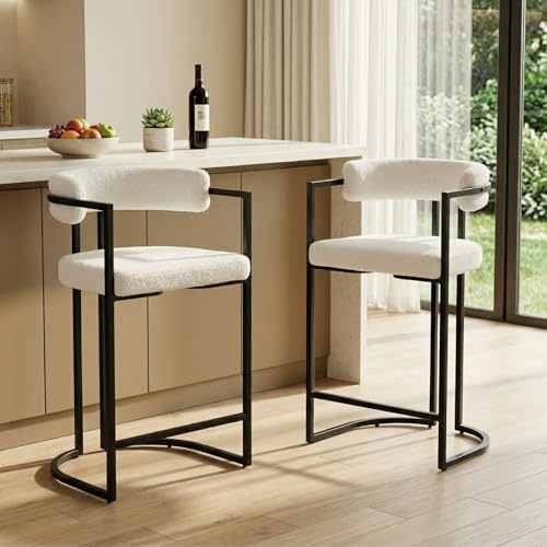 Ya-Home 2X Taburetes Altos de Cocina Modernos Sillas Bar de Piel Sintética con Respaldo,Taburetes Altos de Mostrador con Patas Metálicas para Isla de Cocina/Restaurante,Blanco