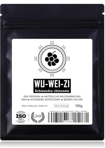 WU-WEI-ZI Polvo de Bayas de Schisandra - Recolección silvestre natural de montaña | 100% puro + analizado en laboratorio | certificado GMP + ISO-9001 | perfecto como té | secado suavemente | 100g