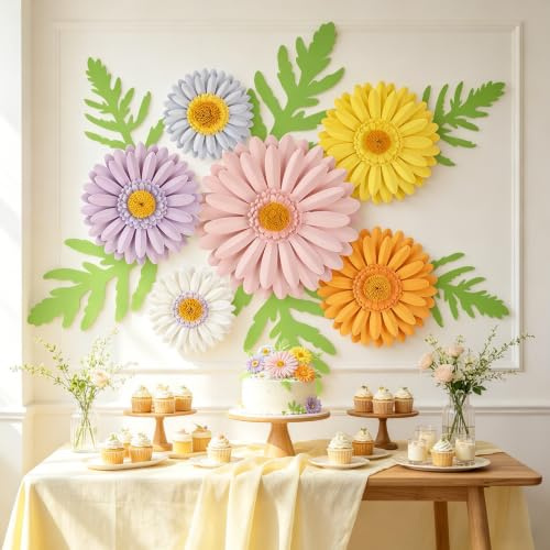 SUNBEAUTY 12pcs Daisy Party Decorations, Paper Flowers, Flower Wall | Hanging Purple Yellow Flowers Wall 1st Birthday Bridal Baby Shower Wedding Classroom Tea Party Daisy Decor 1075