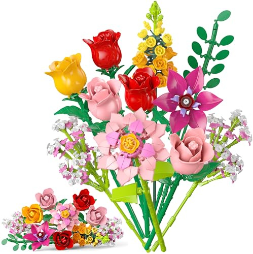 Bouquet de Fleurs à Construction, 11 Fleurs Déco Artificielles en Briques avec 5 Roses, 765 Pièces, Cadeau Femme Fête des Mères Enfant Anniversaire, Noël, Saint-Valentin Lui ou pour Elle