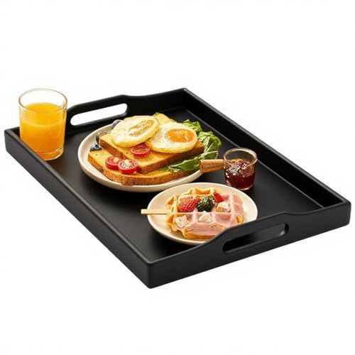 Yvttve Vassoio in Legno Rettangolare da Cucina, Vassoi da Portata in Bambù con Manici, Piatto da Portata per Colazione, Caffè, Tè (Nero, 42 x 32 CM)