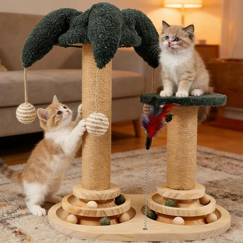 Juego de Juguetes interactivos 6 en 1 para Gatos con Pelota giratoria, Plumas, sisal y Yute Poste rascador, Tabla rascadora y Juguete, Mueble rascador, Juguete de Madera para Gatos con Plumas