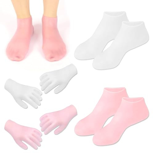 JNYUTEEN Calzini e Guanti in Silicone, 4 Paia Calze e Guanti in Gel per Piedi, Set Idratante Riutilizzabile Lavabile Morbido per Uomo Donna Routine Cura Piedi Casa