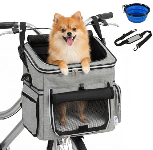 PawHut Cestello da bicicletta Anteriore per Cani Gatti, Cestino Bici Anteriore Portatile con Guinzaglio di Sicurezza, Base Rigida Rimovibile, Coperchio Staccabile, Cuscino Soffice, Finestre e Porta