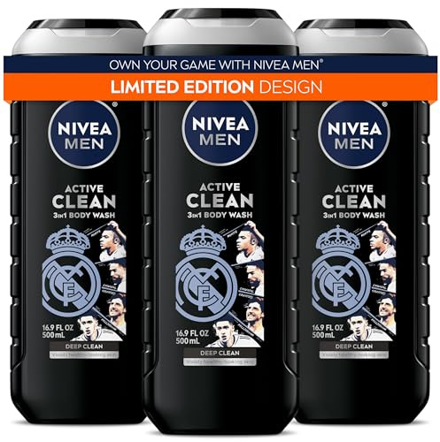 NIVEA MEN Real Madrid Limited Edition Design Active Clean Body Wash with Natural Charcoal for Normal to Oily Skin, 3-in-1 Charcoal Body Wash, Face and Hair, 16.9 Fl Oz Bottle, Pack of 3