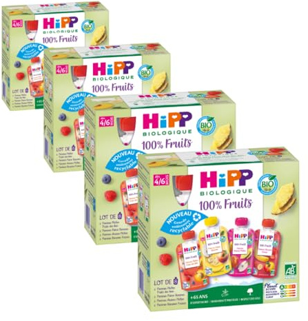 HiPP - 100% Fruits - 4 variétés dès 4/6 Mois - Gourdes - 8x90g - Lot de 4- BIOLOGIQUE