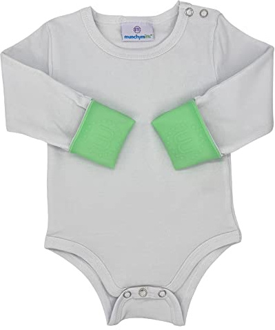 Munchy Mitts Bodysuit Baby Grow with Integrated Silicone Teething Mitts Vest 3 to 6 Months Mittens Mint Green