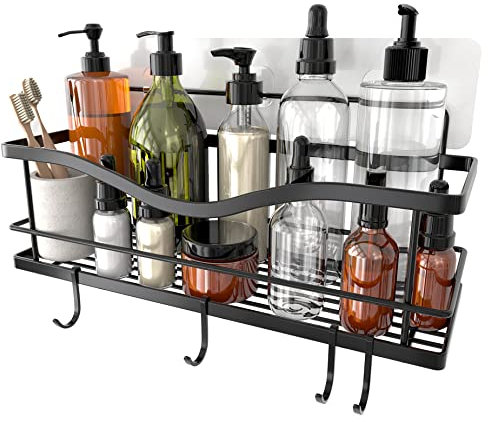 KINCMAX Estanteria Ducha para Baño - Estantería con Adhesivo sin Taladro para la Cocina o Baño - Estante Organizador Negro para el Interior de la Ducha con Ganchos para Accesorios
