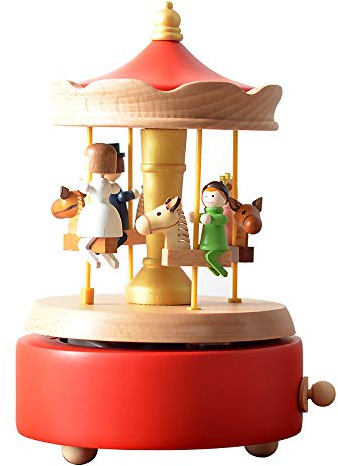 LILYXIN Carousel Music Box, Handmade Wooden Merry-Go-Round Horse Musical Box Turn Horse Shaped Wood Crafts Birthday Home Decor(Red)