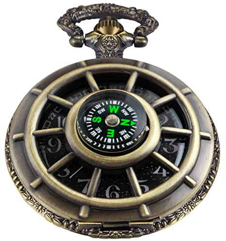 Tiong Bronze Men's Hollow-Out Compass Quartz Pocket Watch, Rudder Hollow Arabic Digital Dial Quartz Pocket Watches with Chain for Men