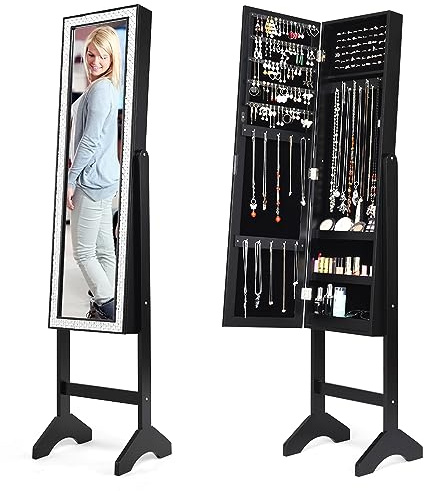 HOMASIS Armoire à bijoux 2 en 1 avec miroir complet et étagère d'échelle, étagère à bijoux avec cadre en diamant en bois, armoire à miroir autoportante avec angle réglable pour colliers, bagues et