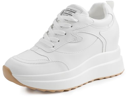 AONEGOLD Platform Sneakers High Hidden Heel Sneakers for Women Wedge Leather Upper Fashion Lace up Increasing 3.94 inch(White,Size 6)