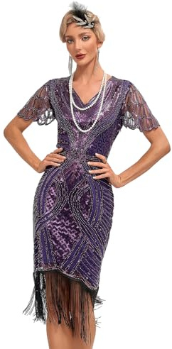 Viloree Gatsby 1920-tals ”flapper”-klänning för kvinnor, vintage, med paljetter, fransar, pärlor, art deco, fin klänning med ärm, för fest, bal, L